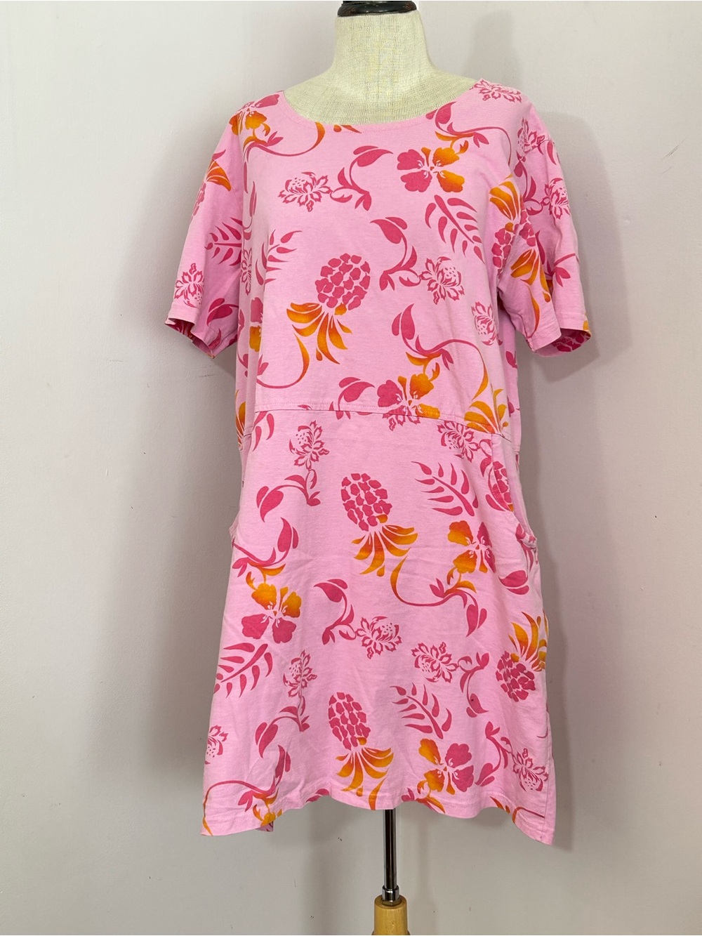 Vintage Red Ginger Pink Tropical Cotton Dress XL